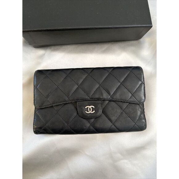CHANEL Flap Wallet Quilted Black Silver Tone Hardware W/box - Picture 2 of 16